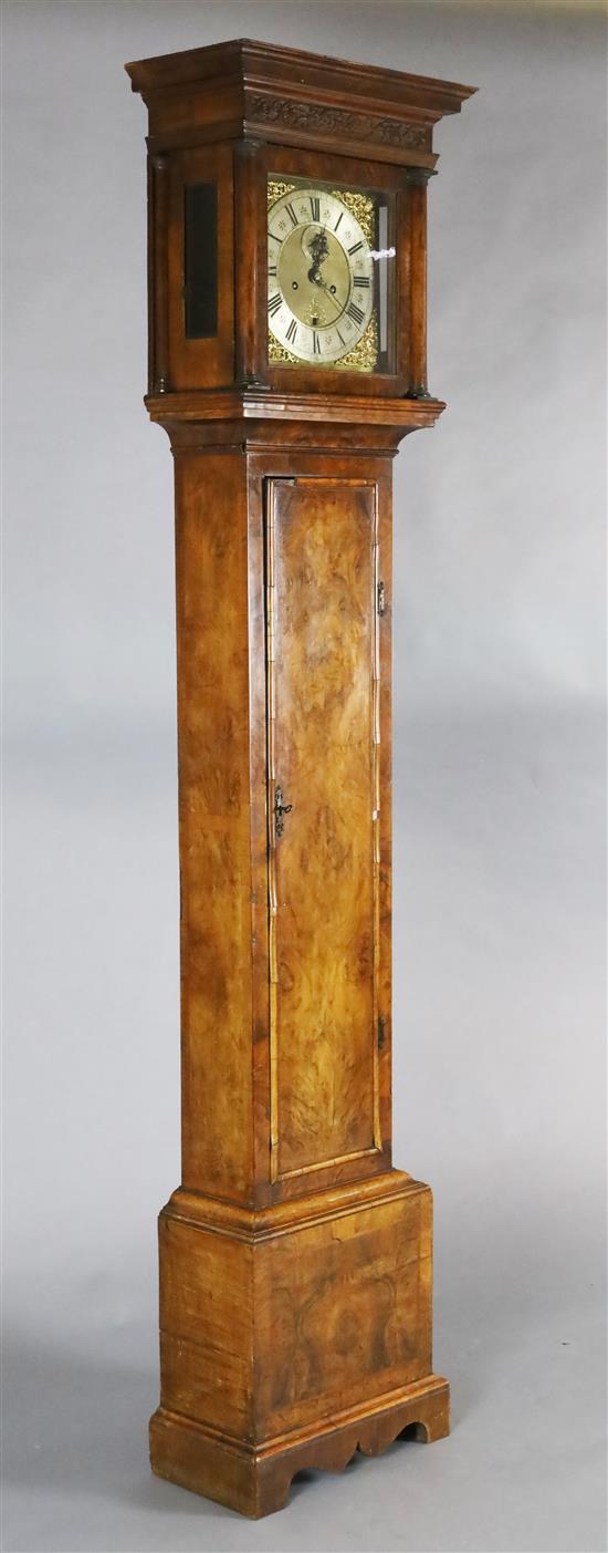 William Wilson of London. An early 18th century figured walnut eight day longcase clock, H.7ft